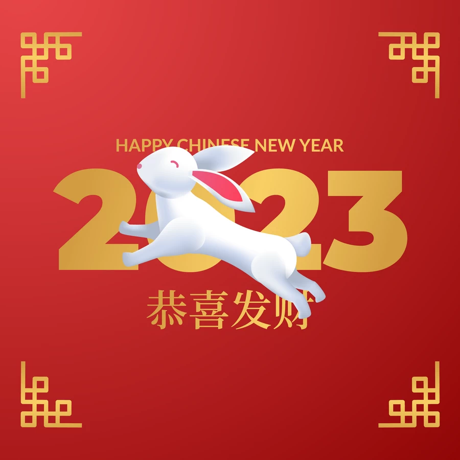 红色喜庆2023年兔年大吉新年快乐恭喜发财插画海报展板AI矢量素材【009】